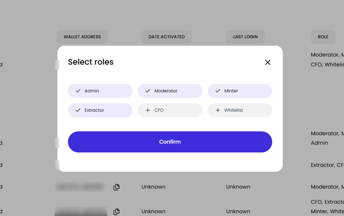Engage select roles dialog for a team wallet