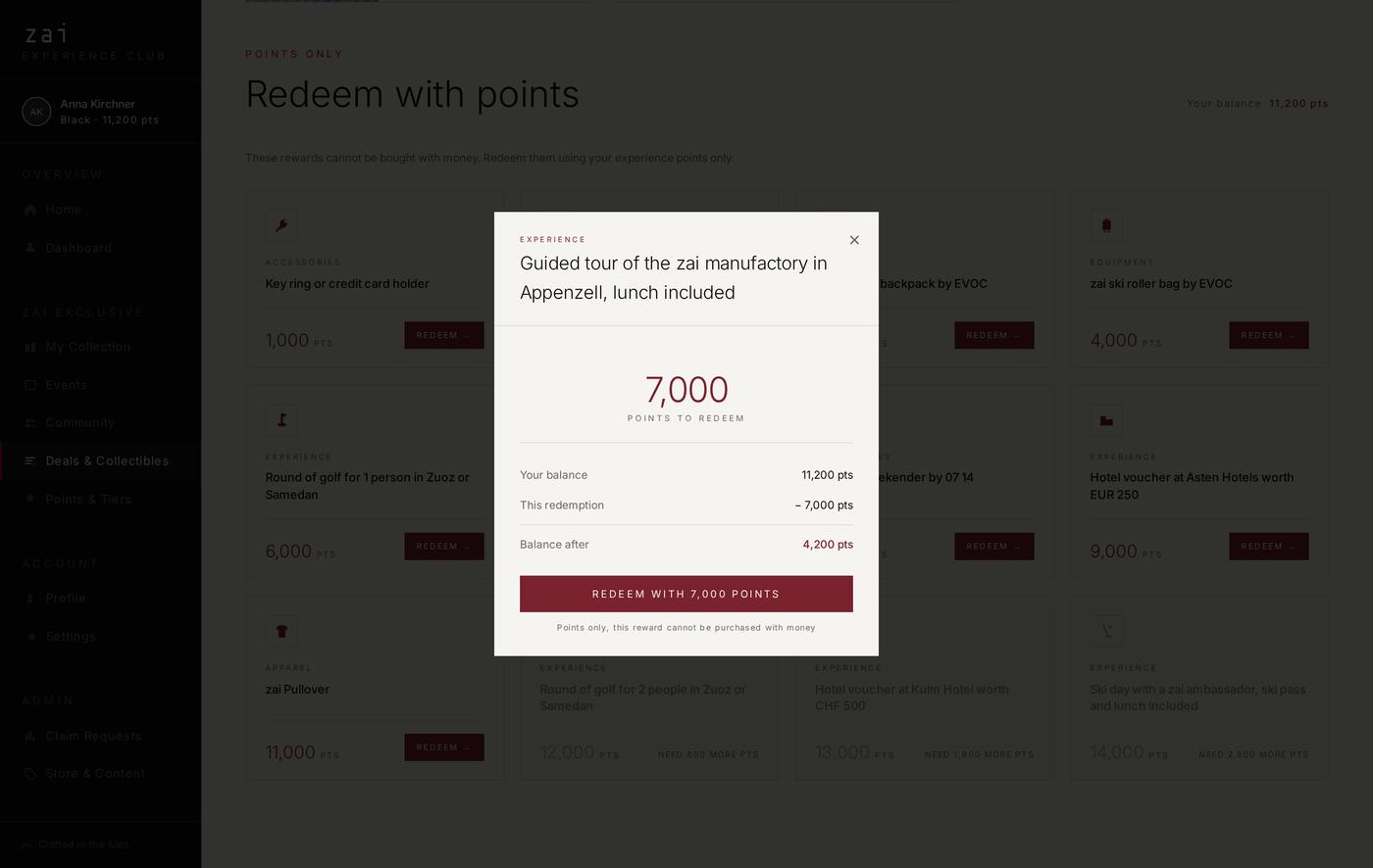 Points redemption window showing balance before and after the redemption