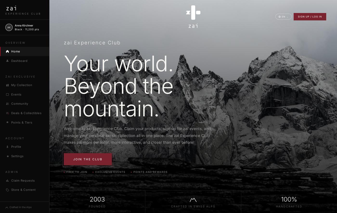 zai Experience Club homepage with a join the club call to action over an alpine photograph