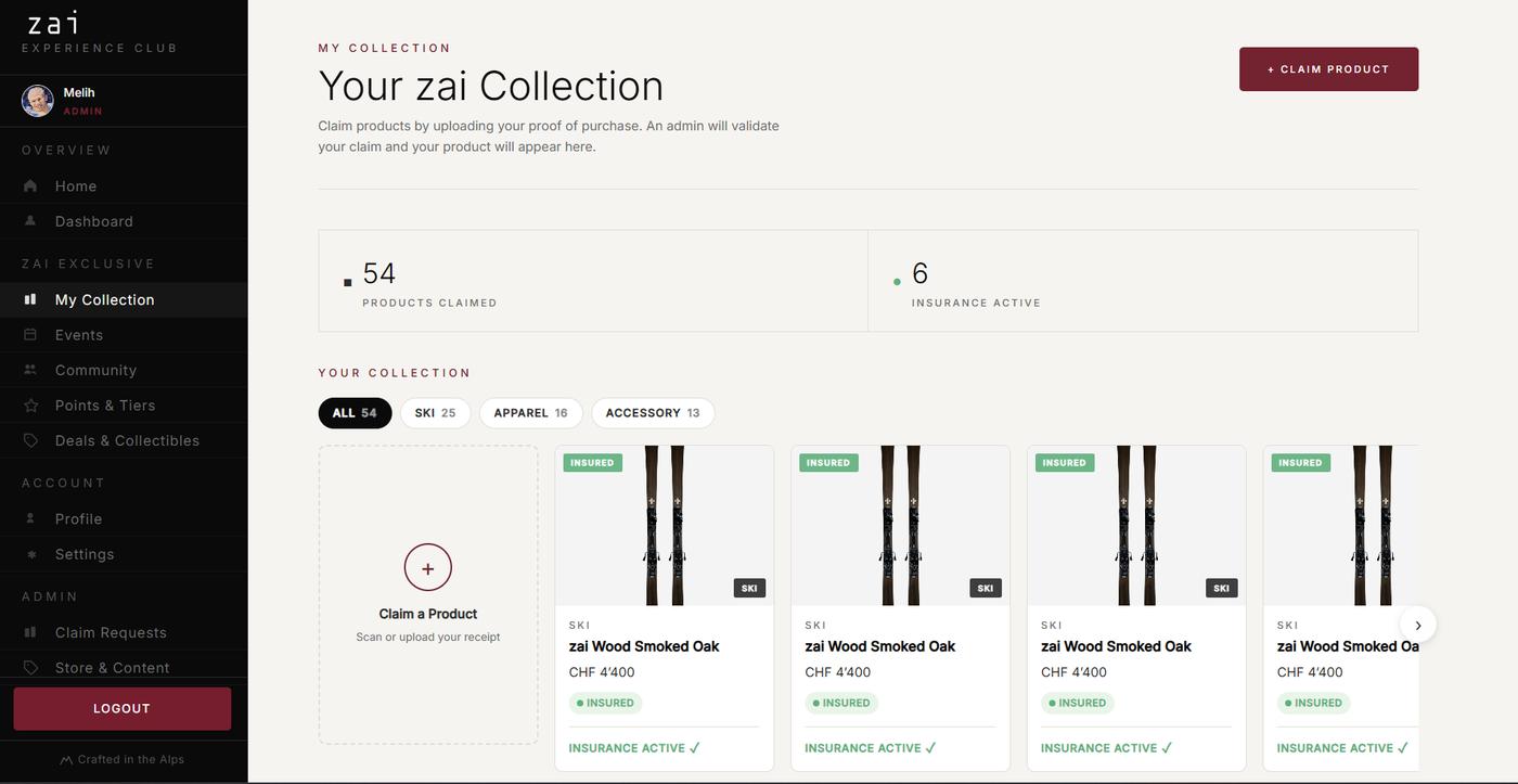 My Collection page showing a member's claimed zai products