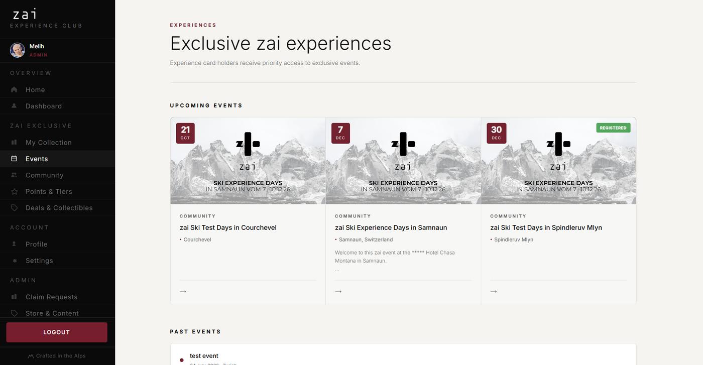Events page listing upcoming zai experiences across the Alps