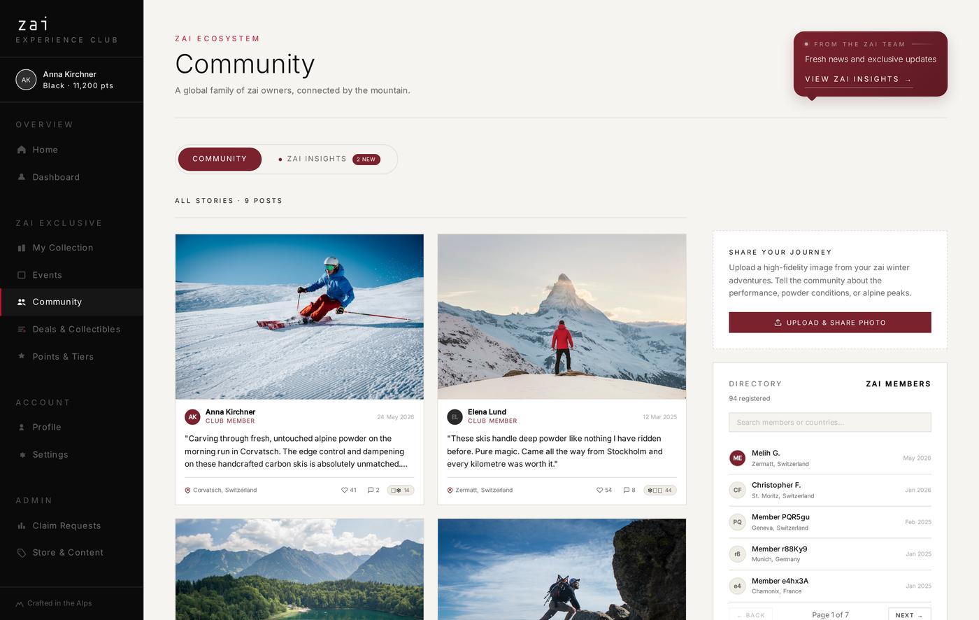 Community page with member photographs and stories from across the Alps