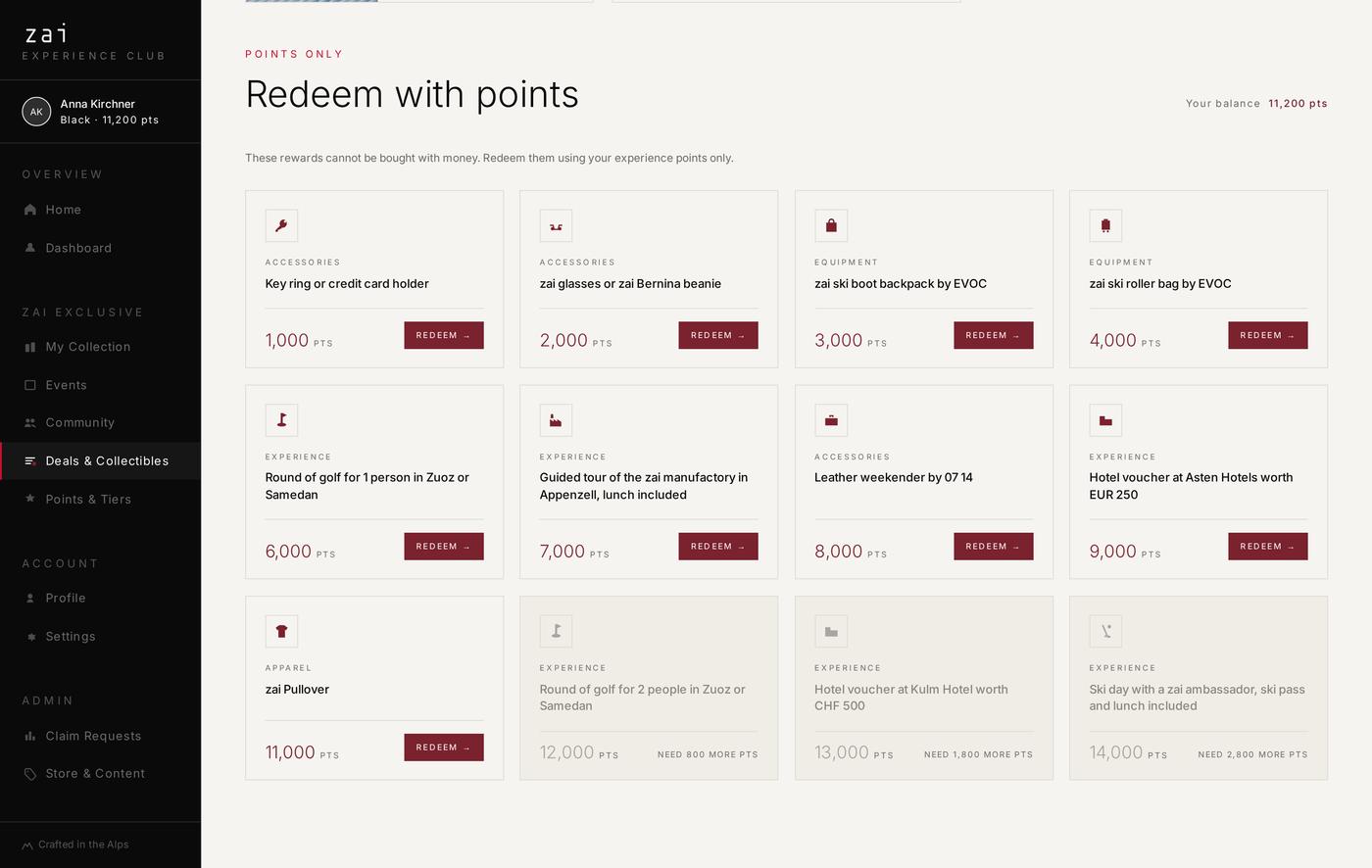 Points only reward catalogue listing rewards from a key ring to a day with a zai ambassador